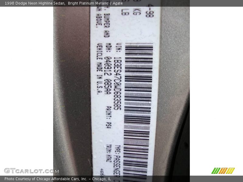 Bright Platinum Metallic / Agate 1998 Dodge Neon Highline Sedan