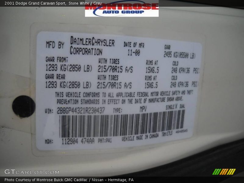 Stone White / Gray 2001 Dodge Grand Caravan Sport