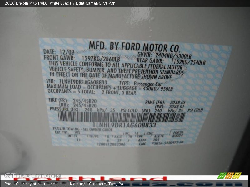 White Suede / Light Camel/Olive Ash 2010 Lincoln MKS FWD