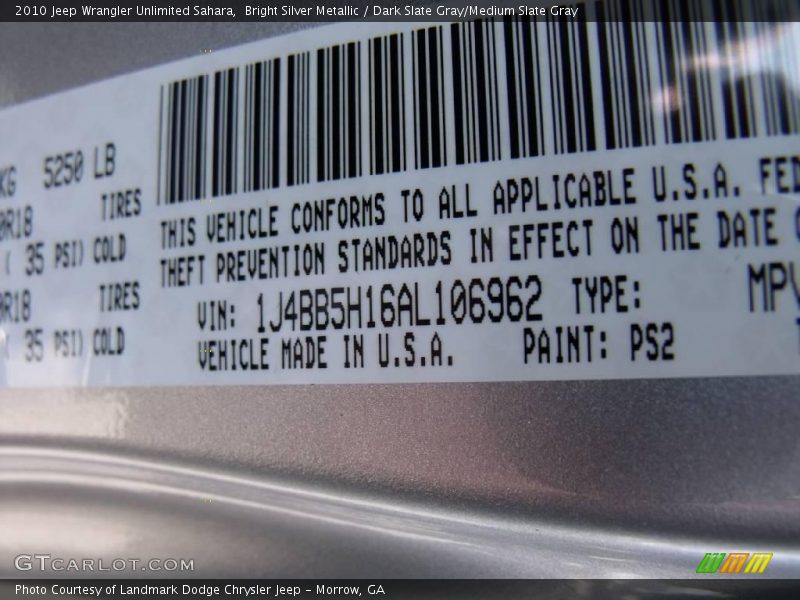 Bright Silver Metallic / Dark Slate Gray/Medium Slate Gray 2010 Jeep Wrangler Unlimited Sahara