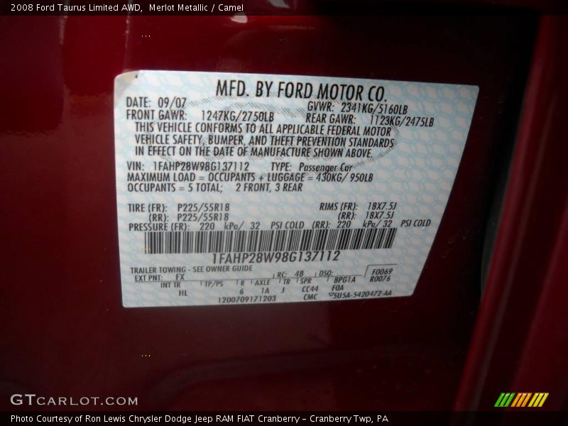 Merlot Metallic / Camel 2008 Ford Taurus Limited AWD