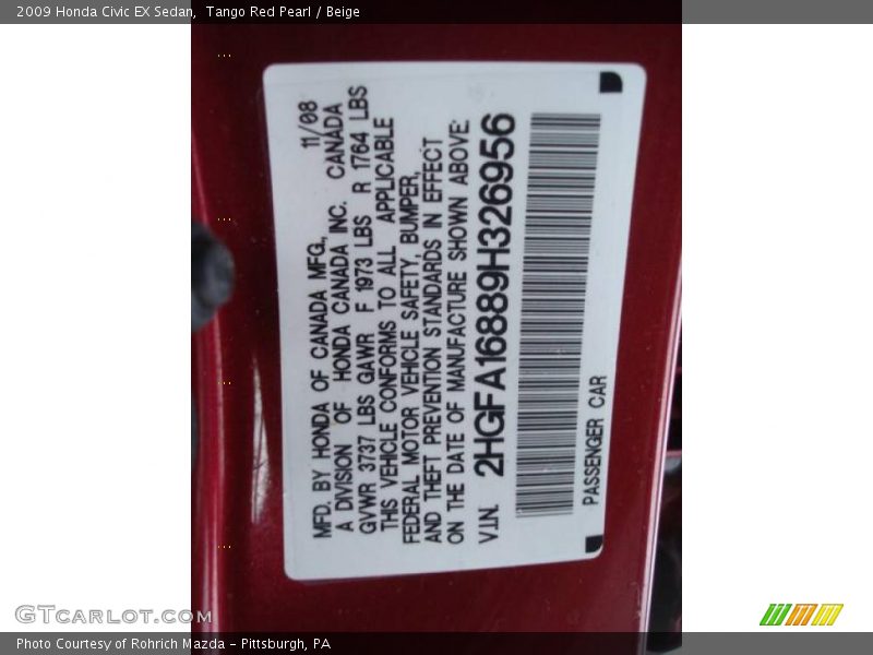 Tango Red Pearl / Beige 2009 Honda Civic EX Sedan