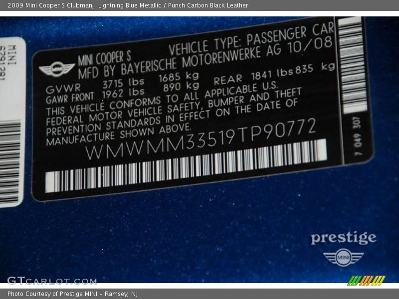 Lightning Blue Metallic / Punch Carbon Black Leather 2009 Mini Cooper S Clubman