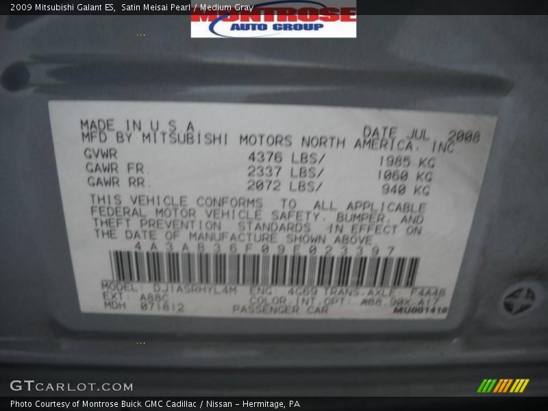 Satin Meisai Pearl / Medium Gray 2009 Mitsubishi Galant ES