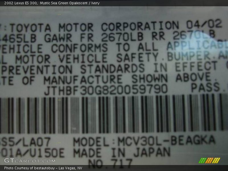 Mystic Sea Green Opalescent / Ivory 2002 Lexus ES 300