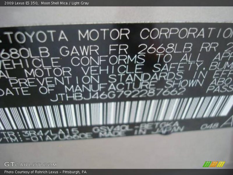 Moon Shell Mica / Light Gray 2009 Lexus ES 350