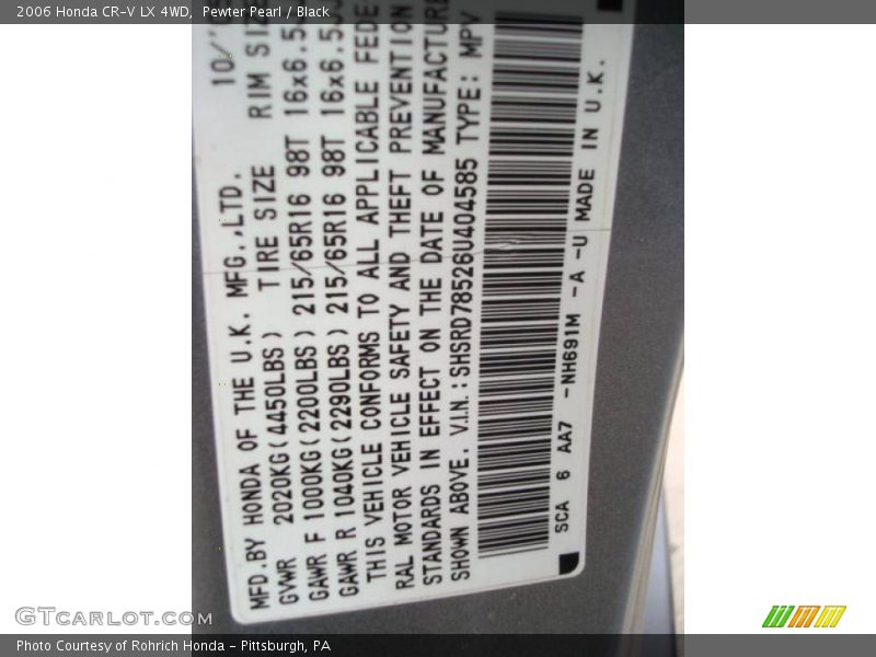 Pewter Pearl / Black 2006 Honda CR-V LX 4WD