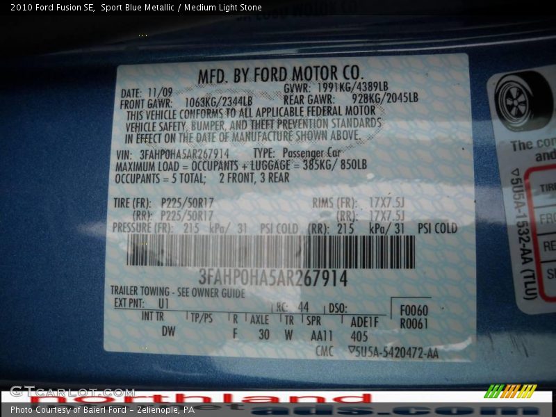 Sport Blue Metallic / Medium Light Stone 2010 Ford Fusion SE