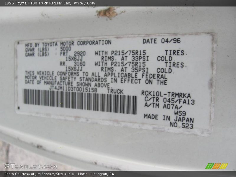 White / Gray 1996 Toyota T100 Truck Regular Cab