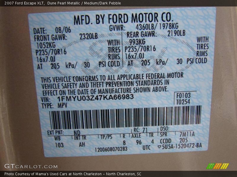 Dune Pearl Metallic / Medium/Dark Pebble 2007 Ford Escape XLT