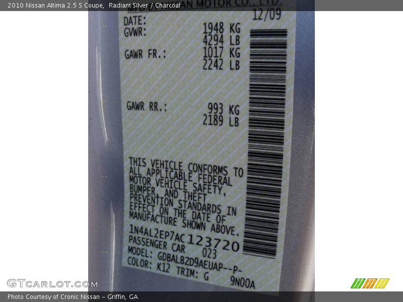 Radiant Silver / Charcoal 2010 Nissan Altima 2.5 S Coupe