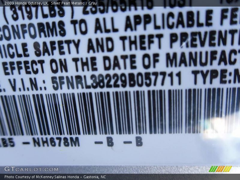 Silver Pearl Metallic / Gray 2009 Honda Odyssey LX