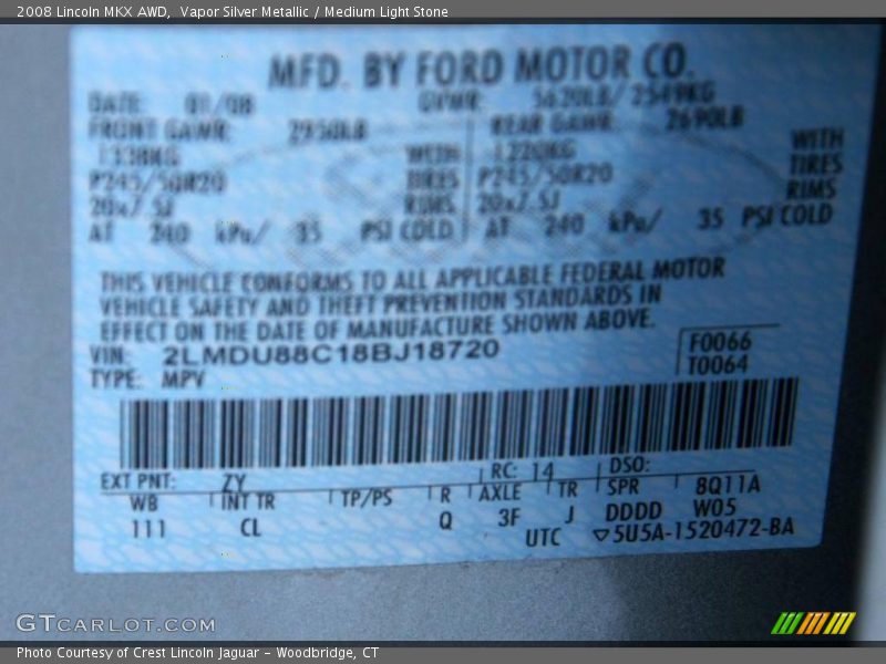Vapor Silver Metallic / Medium Light Stone 2008 Lincoln MKX AWD