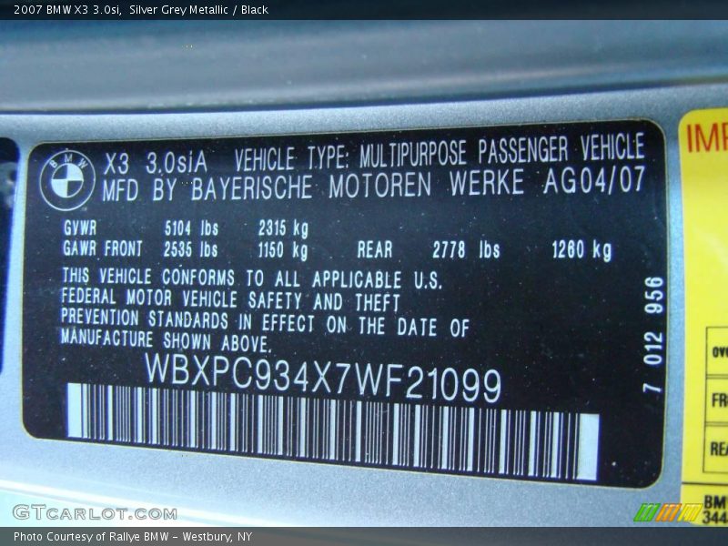 Silver Grey Metallic / Black 2007 BMW X3 3.0si