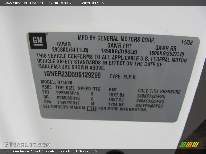 Summit White / Dark Gray/Light Gray 2009 Chevrolet Traverse LT