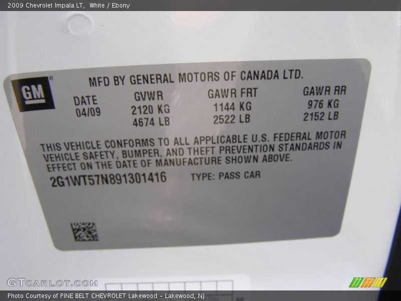 White / Ebony 2009 Chevrolet Impala LT