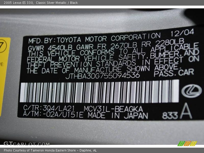 Classic Silver Metallic / Black 2005 Lexus ES 330