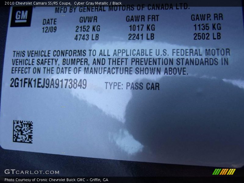 Cyber Gray Metallic / Black 2010 Chevrolet Camaro SS/RS Coupe