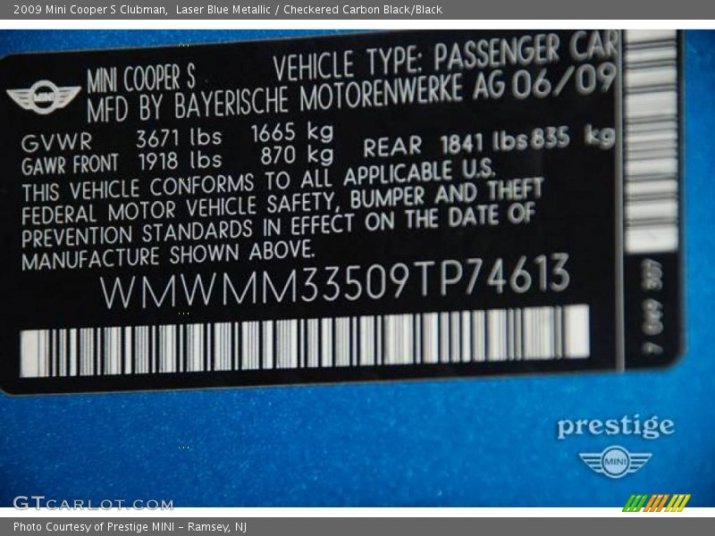 Laser Blue Metallic / Checkered Carbon Black/Black 2009 Mini Cooper S Clubman