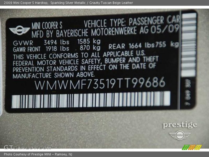 Sparkling Silver Metallic / Gravity Tuscan Beige Leather 2009 Mini Cooper S Hardtop