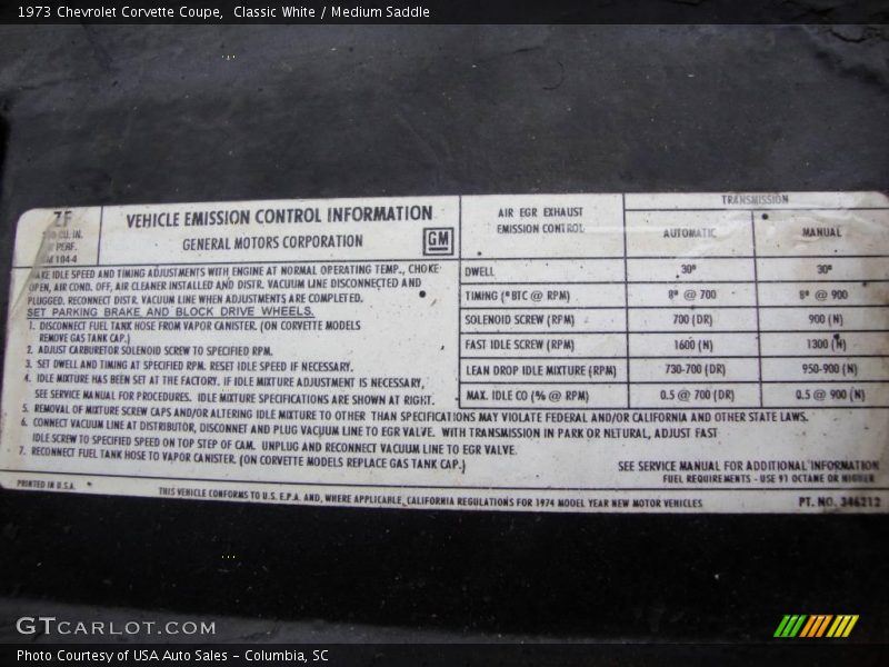 Classic White / Medium Saddle 1973 Chevrolet Corvette Coupe