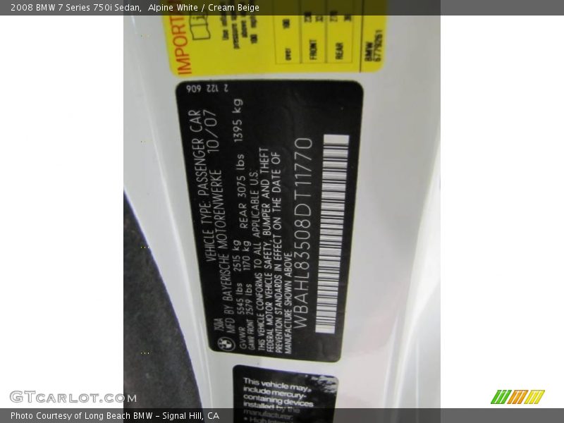 Alpine White / Cream Beige 2008 BMW 7 Series 750i Sedan