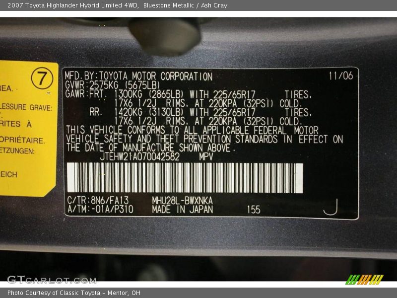 Bluestone Metallic / Ash Gray 2007 Toyota Highlander Hybrid Limited 4WD