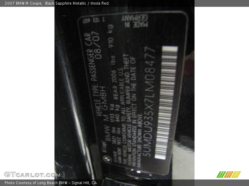 Black Sapphire Metallic / Imola Red 2007 BMW M Coupe