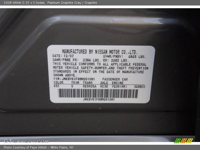 2008 G 35 x S Sedan Platinum Graphite Gray Color Code K51
