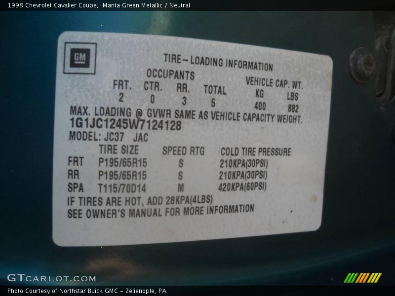 Manta Green Metallic / Neutral 1998 Chevrolet Cavalier Coupe