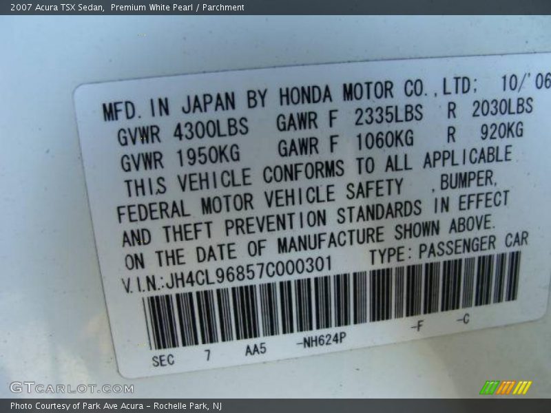 Premium White Pearl / Parchment 2007 Acura TSX Sedan