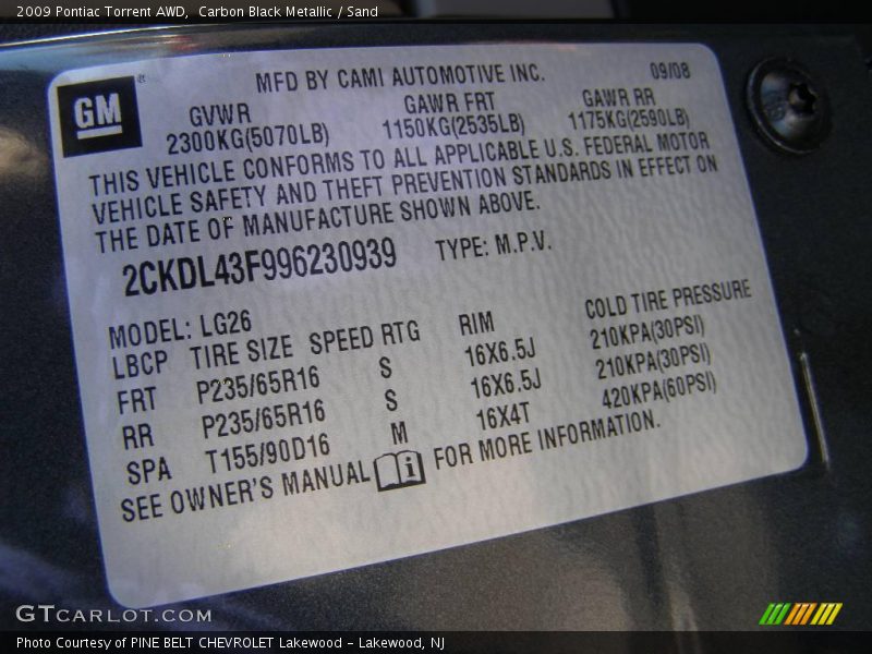 Carbon Black Metallic / Sand 2009 Pontiac Torrent AWD