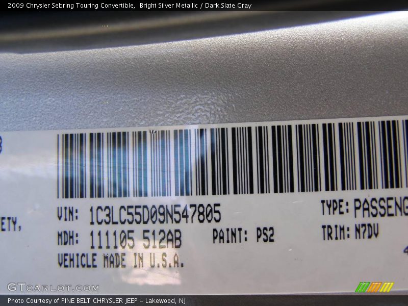 Bright Silver Metallic / Dark Slate Gray 2009 Chrysler Sebring Touring Convertible