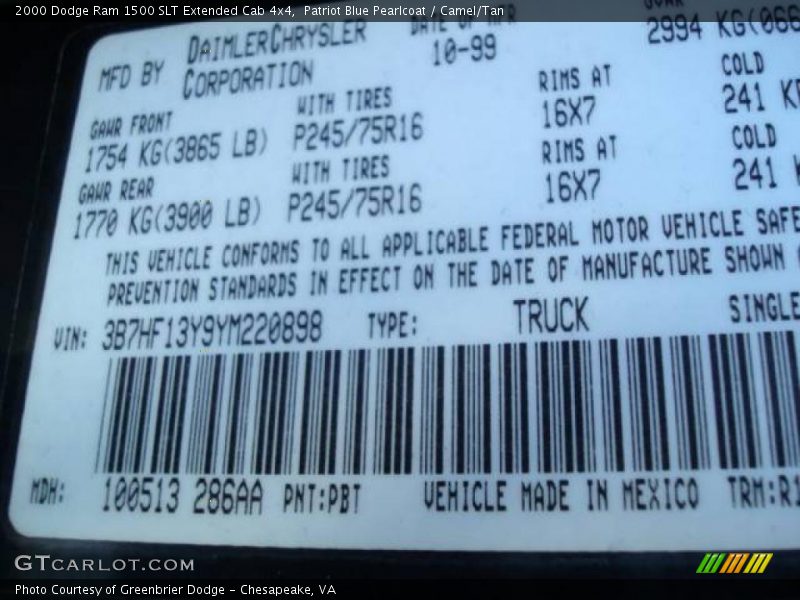 Patriot Blue Pearlcoat / Camel/Tan 2000 Dodge Ram 1500 SLT Extended Cab 4x4
