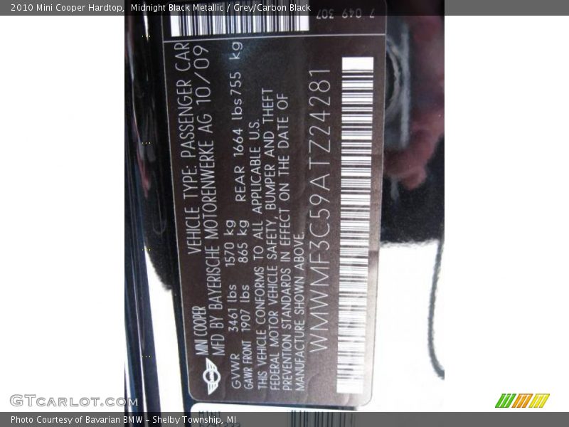 Midnight Black Metallic / Grey/Carbon Black 2010 Mini Cooper Hardtop