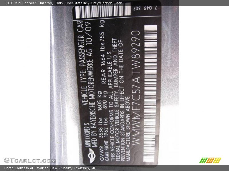 Dark Silver Metallic / Grey/Carbon Black 2010 Mini Cooper S Hardtop