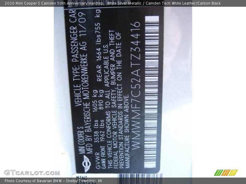 White Silver Metallic / Camden Tech White Leather/Carbon Black 2010 Mini Cooper S Camden 50th Anniversary Hardtop