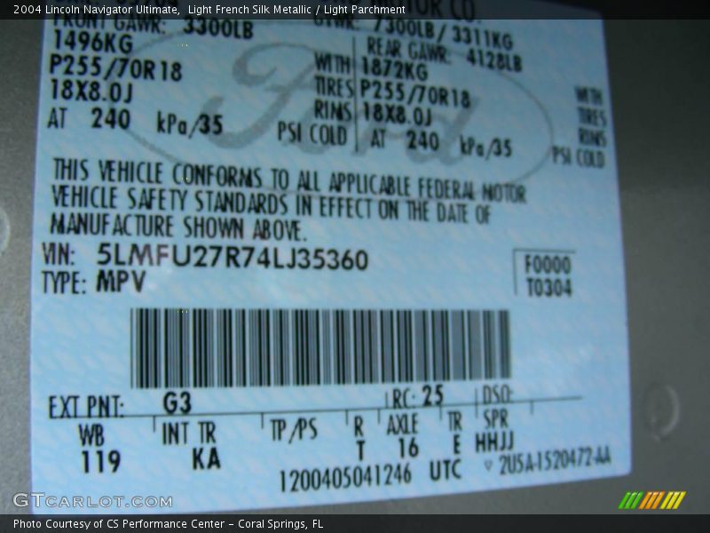 2004 Navigator Ultimate Light French Silk Metallic Color Code G3