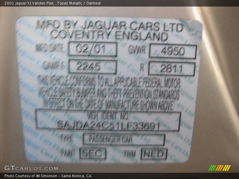 Topaz Metallic / Oatmeal 2001 Jaguar XJ Vanden Plas