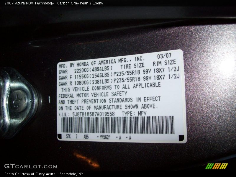 Carbon Gray Pearl / Ebony 2007 Acura RDX Technology
