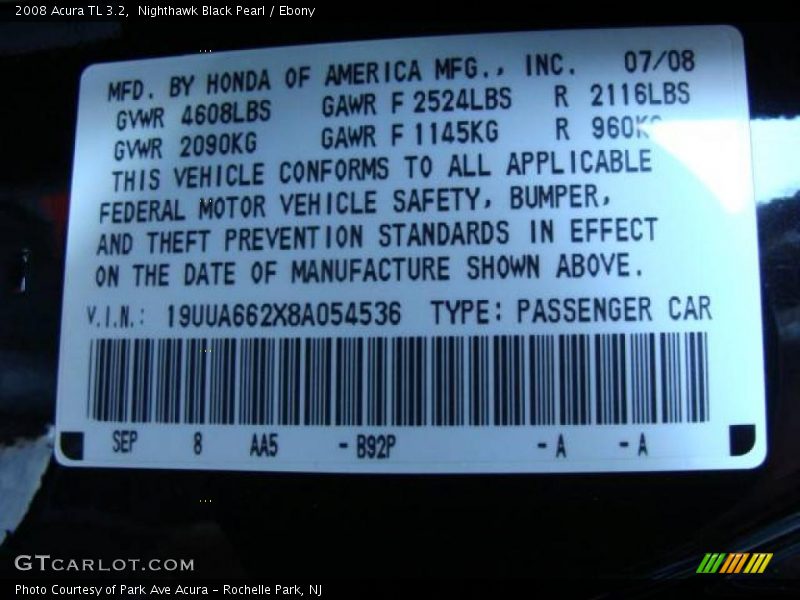Nighthawk Black Pearl / Ebony 2008 Acura TL 3.2