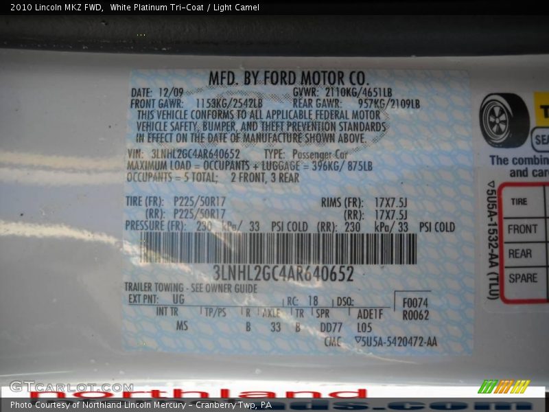 White Platinum Tri-Coat / Light Camel 2010 Lincoln MKZ FWD