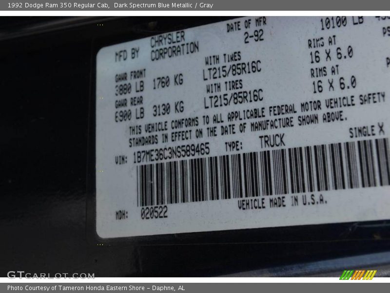 Dark Spectrum Blue Metallic / Gray 1992 Dodge Ram 350 Regular Cab