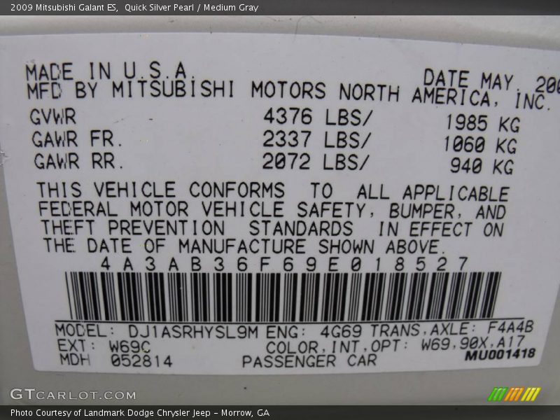 Quick Silver Pearl / Medium Gray 2009 Mitsubishi Galant ES