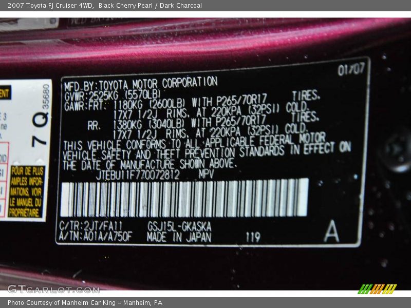 Black Cherry Pearl / Dark Charcoal 2007 Toyota FJ Cruiser 4WD