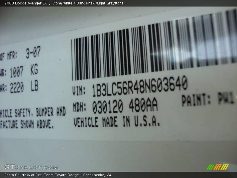 Stone White / Dark Khaki/Light Graystone 2008 Dodge Avenger SXT