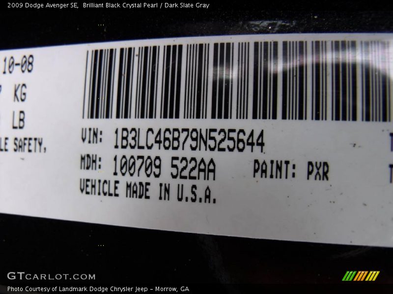 2009 Avenger SE Brilliant Black Crystal Pearl Color Code PXR