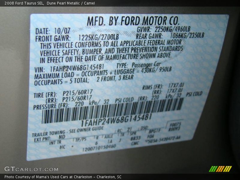 Dune Pearl Metallic / Camel 2008 Ford Taurus SEL
