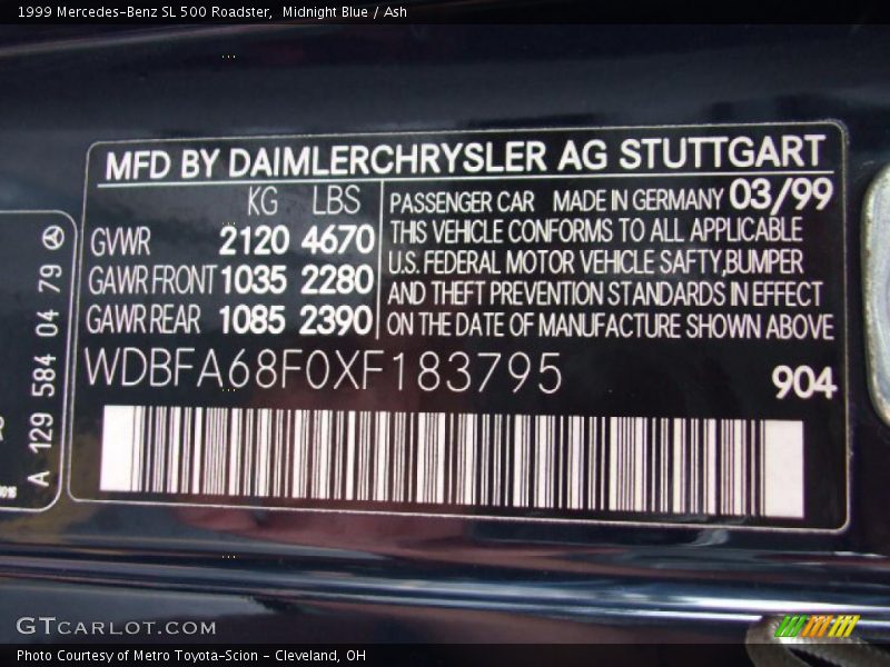 Midnight Blue / Ash 1999 Mercedes-Benz SL 500 Roadster