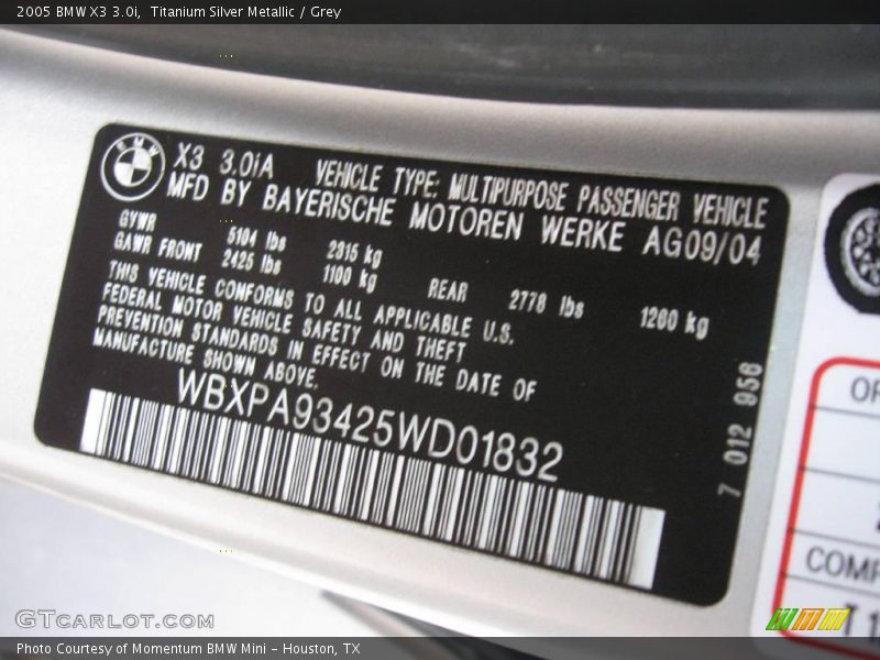 Titanium Silver Metallic / Grey 2005 BMW X3 3.0i